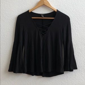 Forever 21 black cross v neck blouse w bell sleeve